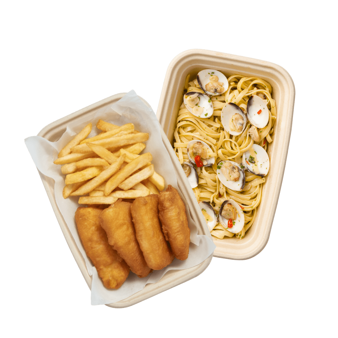 Better Together: Linguine ale Vongole + 4 - pcs Beer Battered Halibut & Chips (2 - 3 pax) - Pacific Bay Eats